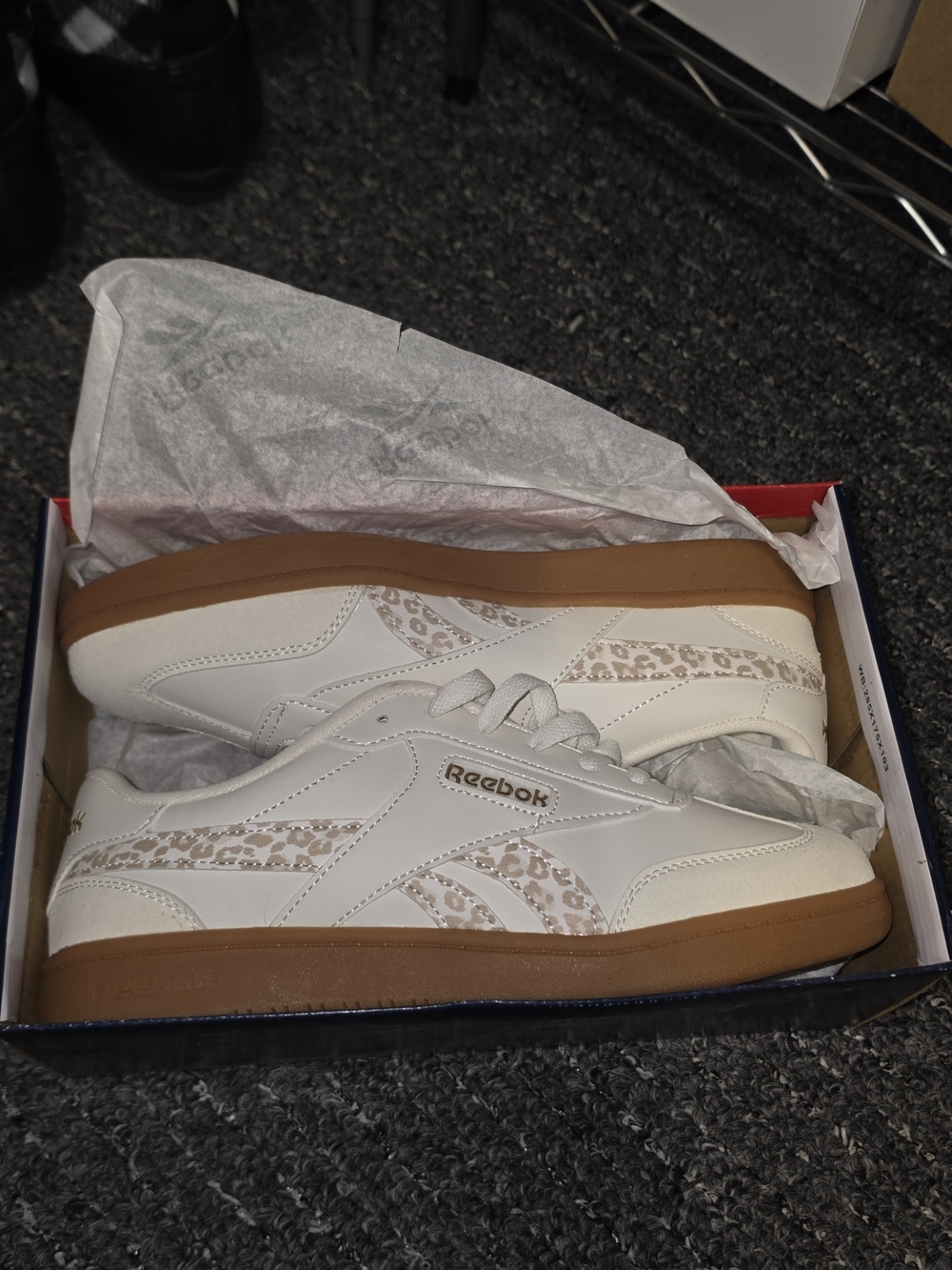 Reebok Women's White Sneakers with Tan Gum Sole and Leopard Accents